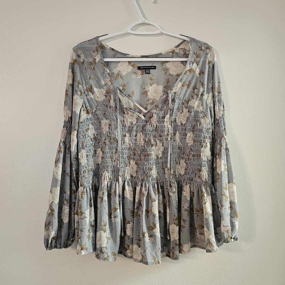 American Eagle Outfitters Brown and Blue Ruffled Blouse Boho Fairy